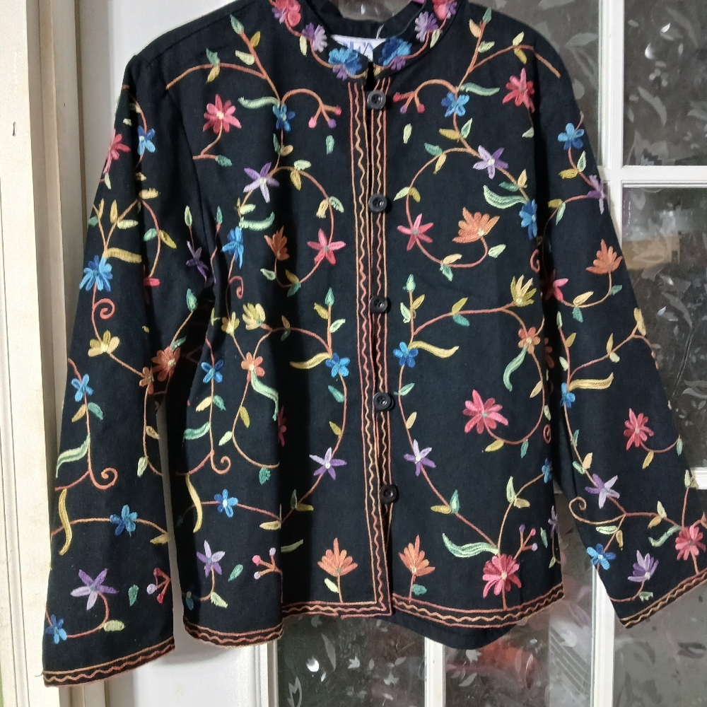 BFA CLASSICS WOMENS Petite Medium Floral EMBROIDERED JACKET COTTON BUTTON Up